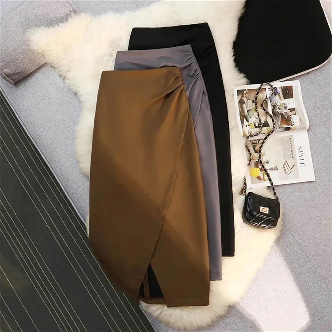 Womens Thicken Irregular Skirts Front Split Design Solid Color High Waist Office Skirts