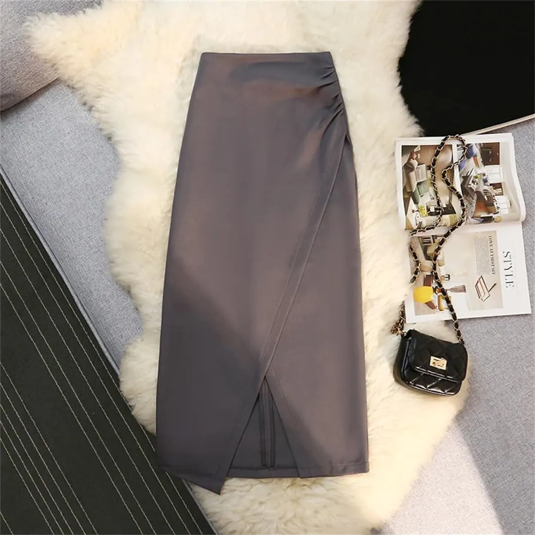 Womens Thicken Irregular Skirts Front Split Design Solid Color High Waist Office Skirts