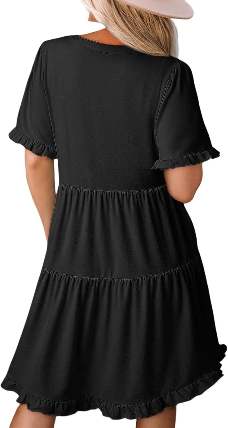 Women's V Neck Tunic Dresses Ruffle Sleeve A Line Tiered Flowy Swing Shift Dress Mini Loose Fit Dress Sundress 2025
