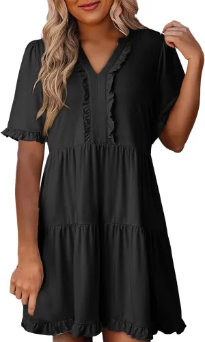 Women's V Neck Tunic Dresses Ruffle Sleeve A Line Tiered Flowy Swing Shift Dress Mini Loose Fit Dress Sundress 2025