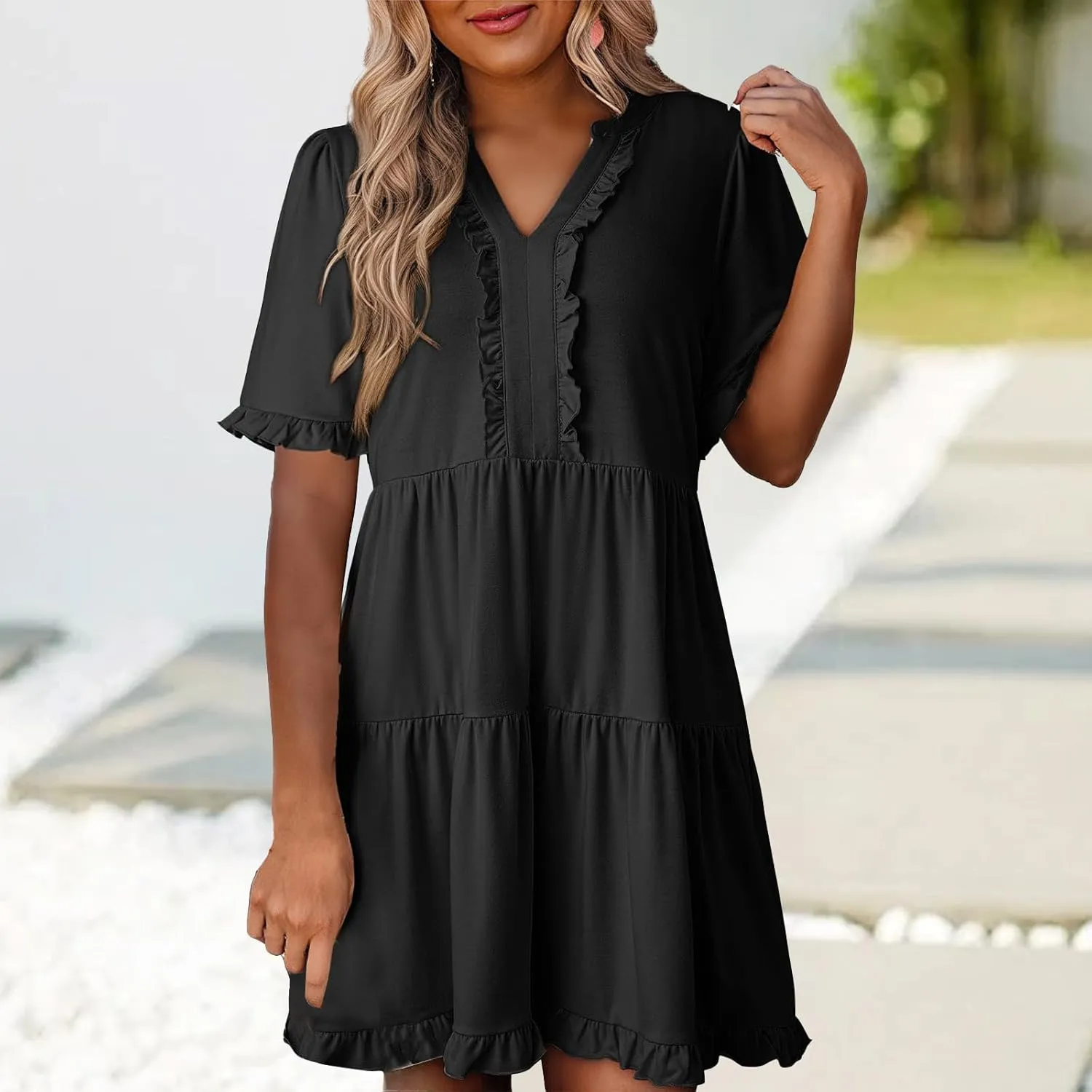 Women's V Neck Tunic Dresses Ruffle Sleeve A Line Tiered Flowy Swing Shift Dress Mini Loose Fit Dress Sundress 2025