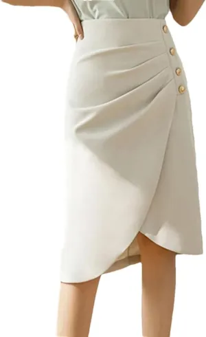 Women's Vintage Buttons Skirts Elegant High Waist Solid Color Straight Summer Skirts
