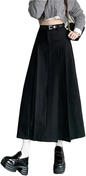 Women's Vintage Pleated Suit Long Skirts High Waist Mid Length Workwear Office Skirts