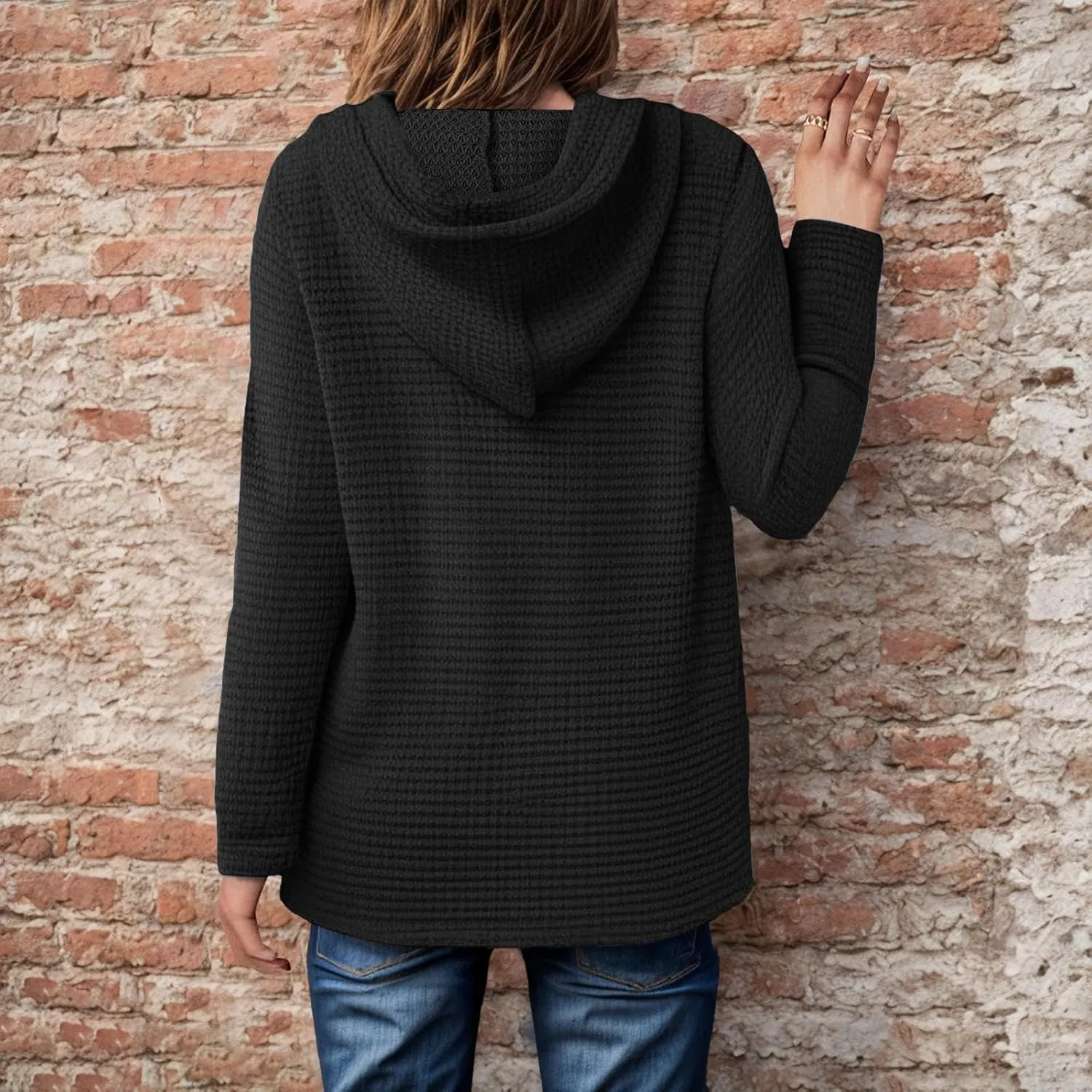 Women's Waffle Knit Hoodies Drawstring Button V Neck Long Sleeve Pullovers Sweatshirts Casual Fall Hooded Tops