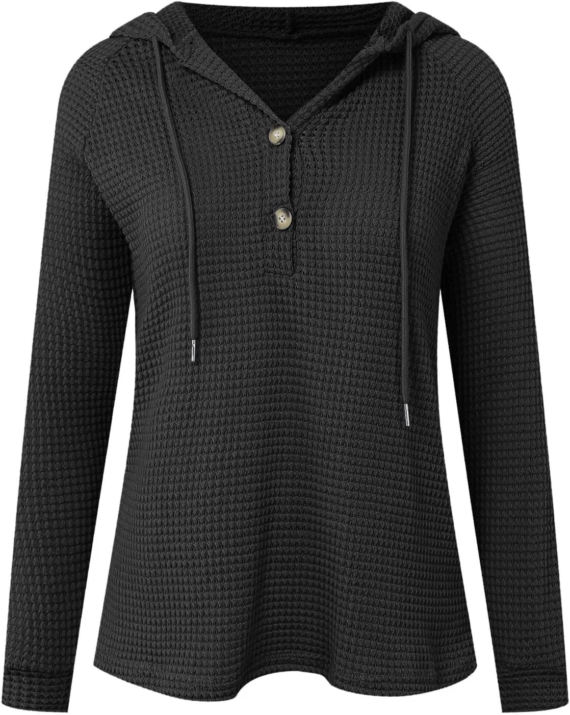 Women's Waffle Knit Hoodies Drawstring Button V Neck Long Sleeve Pullovers Sweatshirts Casual Fall Hooded Tops