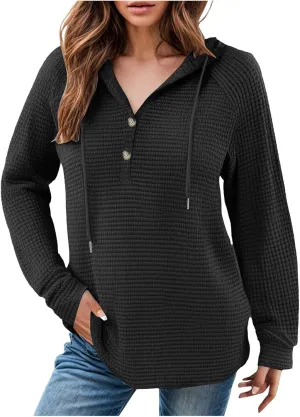 Women's Waffle Knit Hoodies Drawstring Button V Neck Long Sleeve Pullovers Sweatshirts Casual Fall Hooded Tops