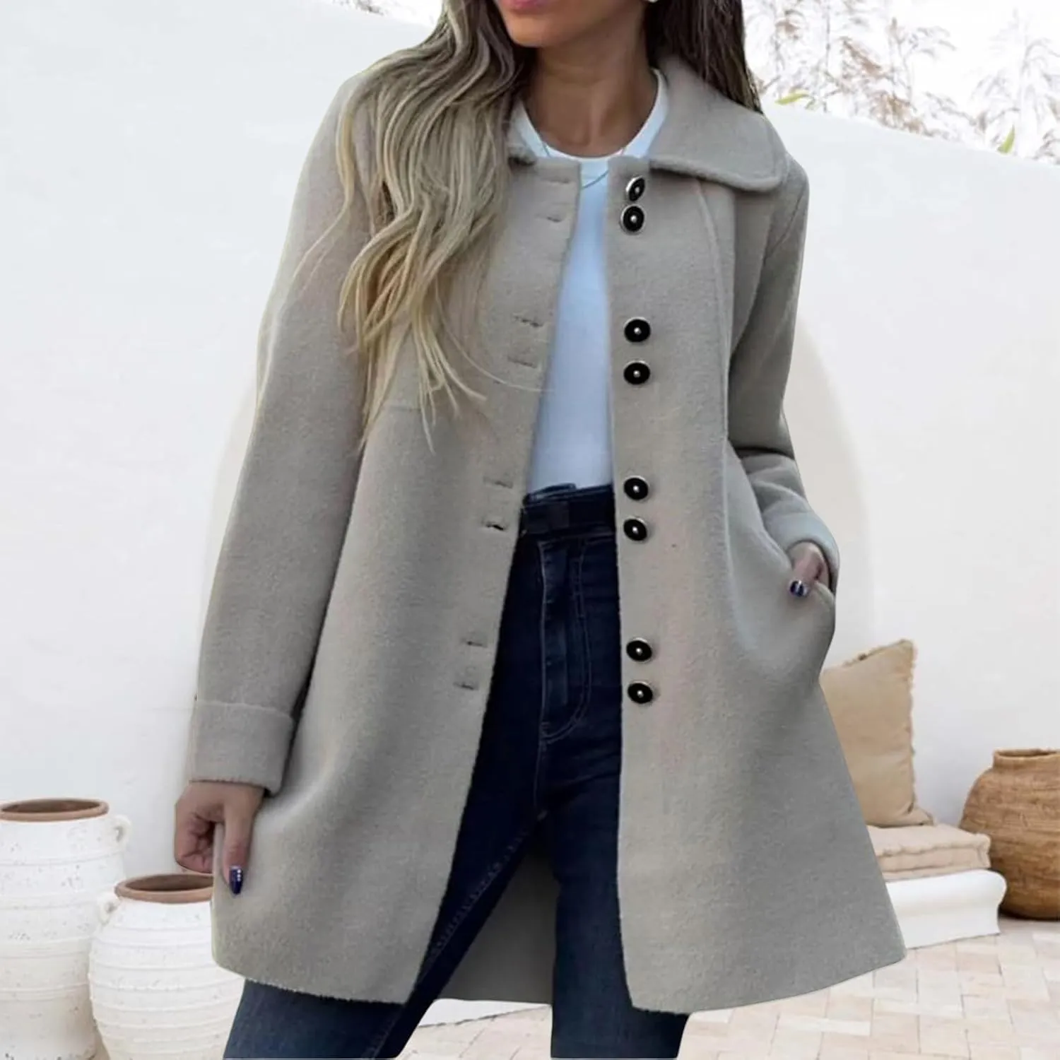 Womens Wool Blend Coat Casual Lapel Single Breasted Pea Coat Winter Thicken Trench Coats Jacket with Pockets