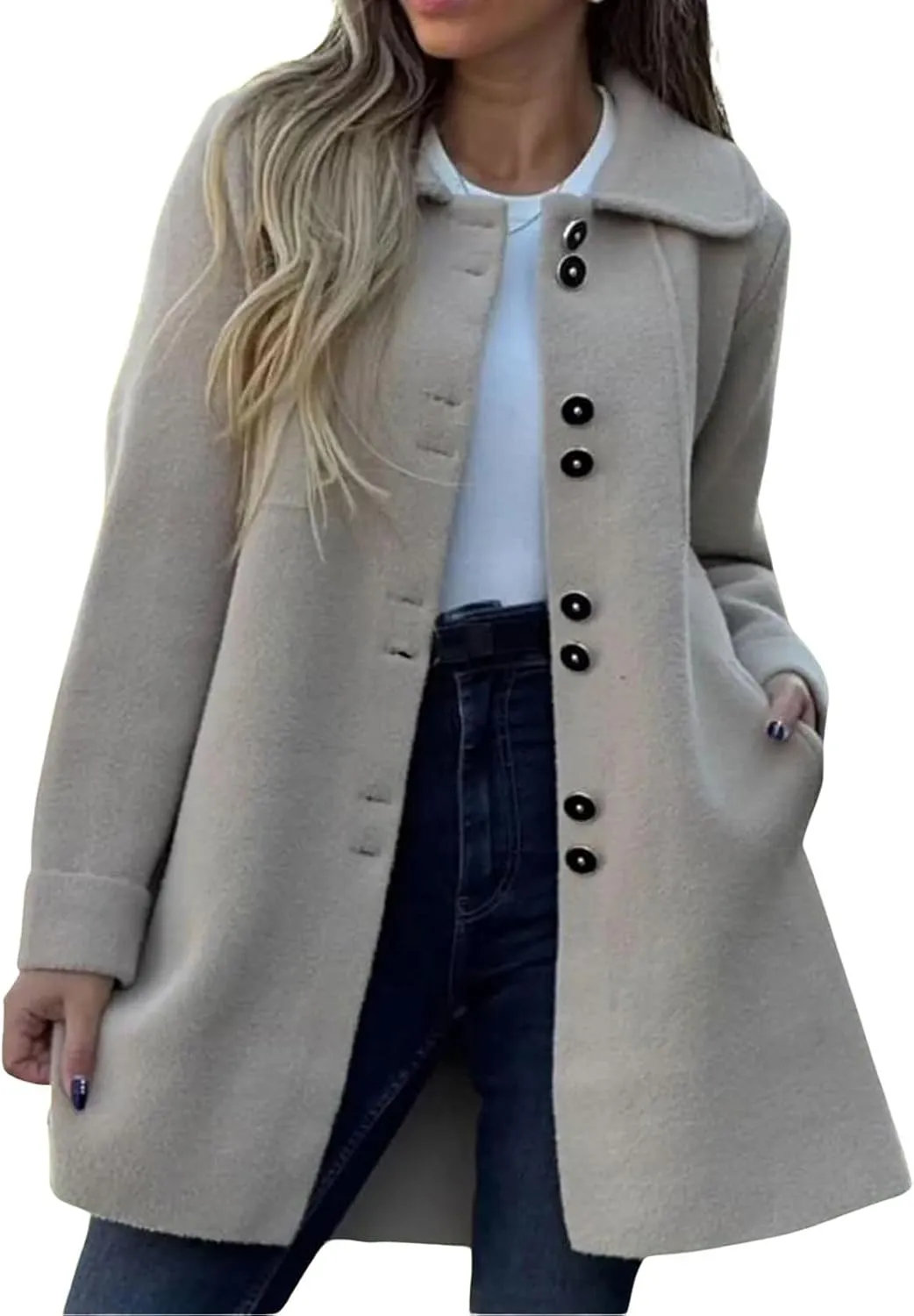 Womens Wool Blend Coat Casual Lapel Single Breasted Pea Coat Winter Thicken Trench Coats Jacket with Pockets