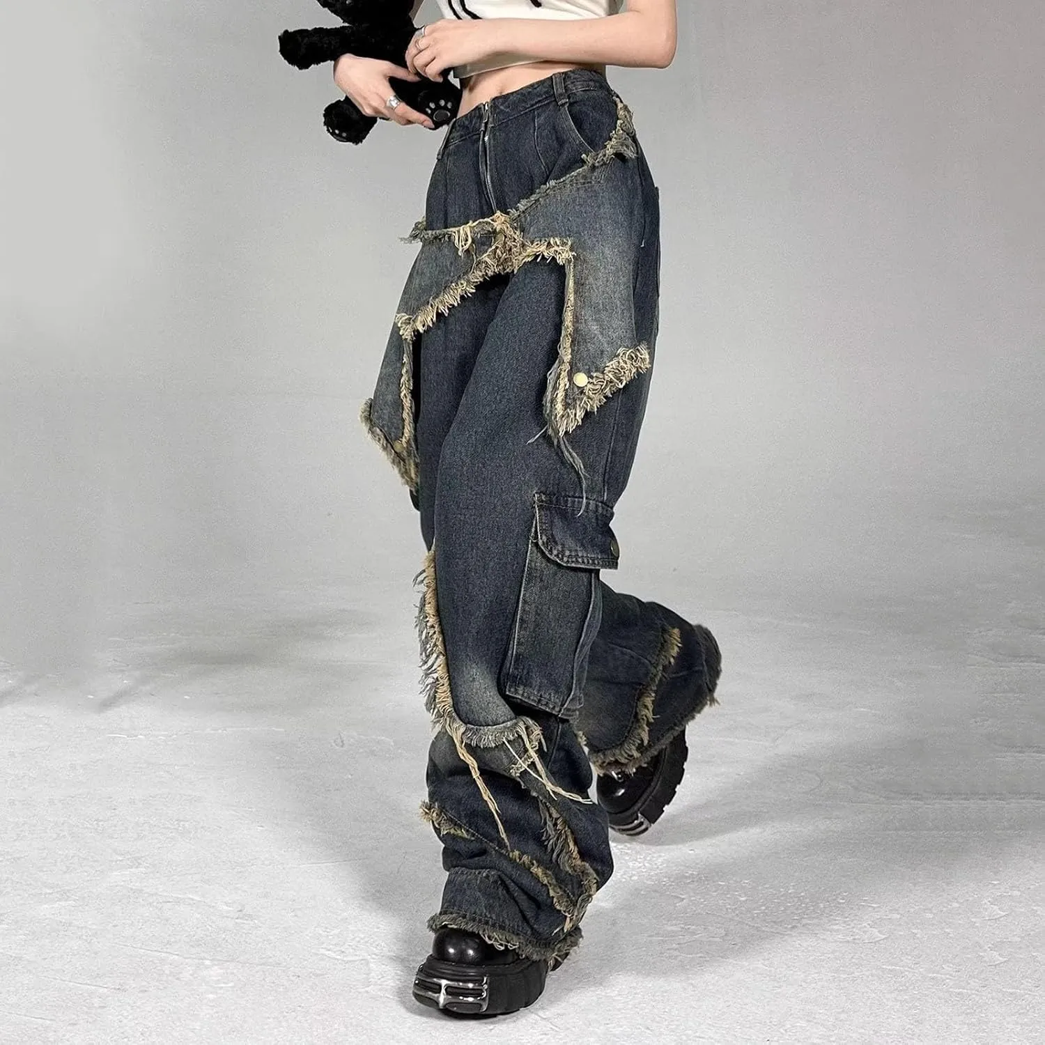 Y2K Jeans for Women Baggy Boyfried Jeans Loose Wide Leg Jeans High Waist Hip Hop Pants Casual Trousers Goth Trousers