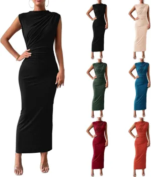 ZWRXW Formal Dresses for Women Evening Party Ruched Bodycon Dress Summer Sleeveless Maxi Dress Elegant Guest Wedding Dresses