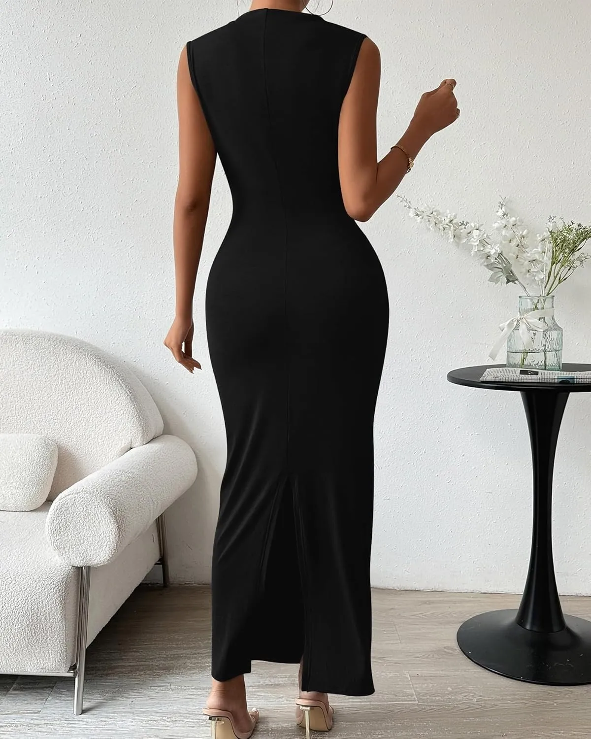 ZWRXW Formal Dresses for Women Evening Party Ruched Bodycon Dress Summer Sleeveless Maxi Dress Elegant Guest Wedding Dresses