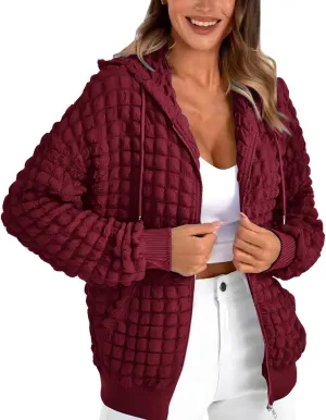 ZYXTIM Women's Cute Hoodies Teen Girl Fall Jacket Waffle Textured Oversized Sweatshirts Casual Zip Up Y2K Hoodie with Pocket