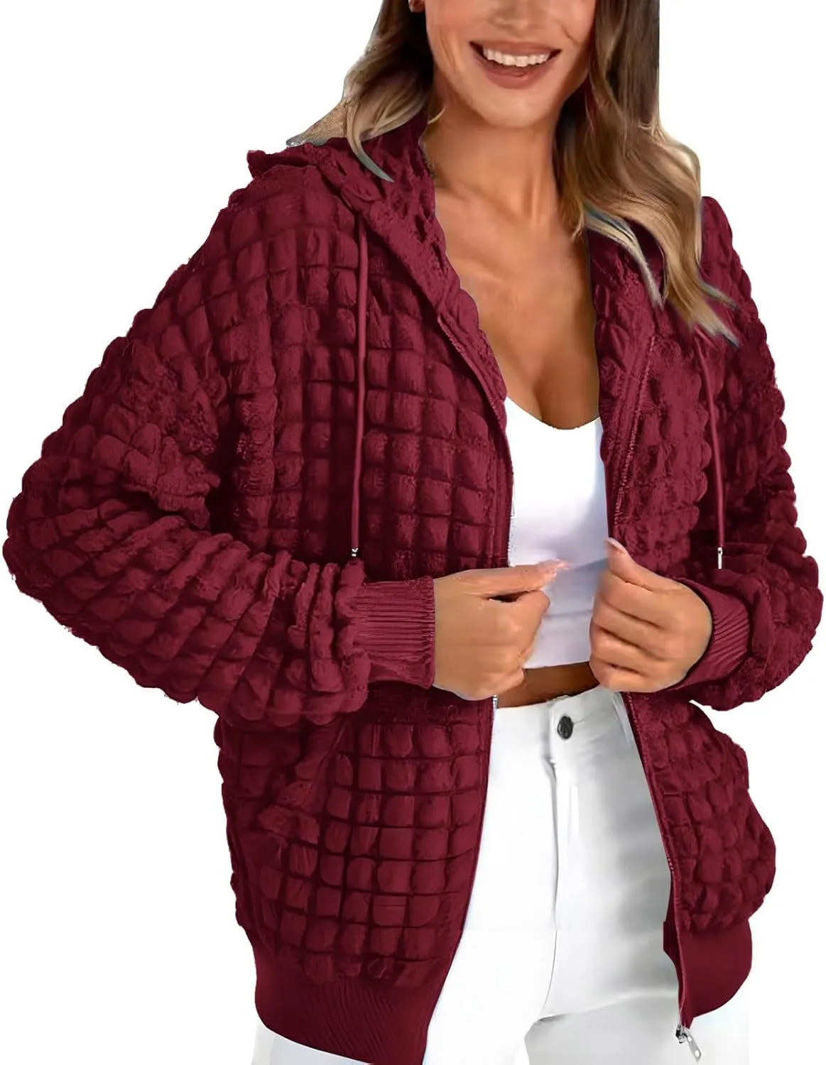 ZYXTIM Women's Cute Hoodies Teen Girl Fall Jacket Waffle Textured Oversized Sweatshirts Casual Zip Up Y2K Hoodie with Pocket